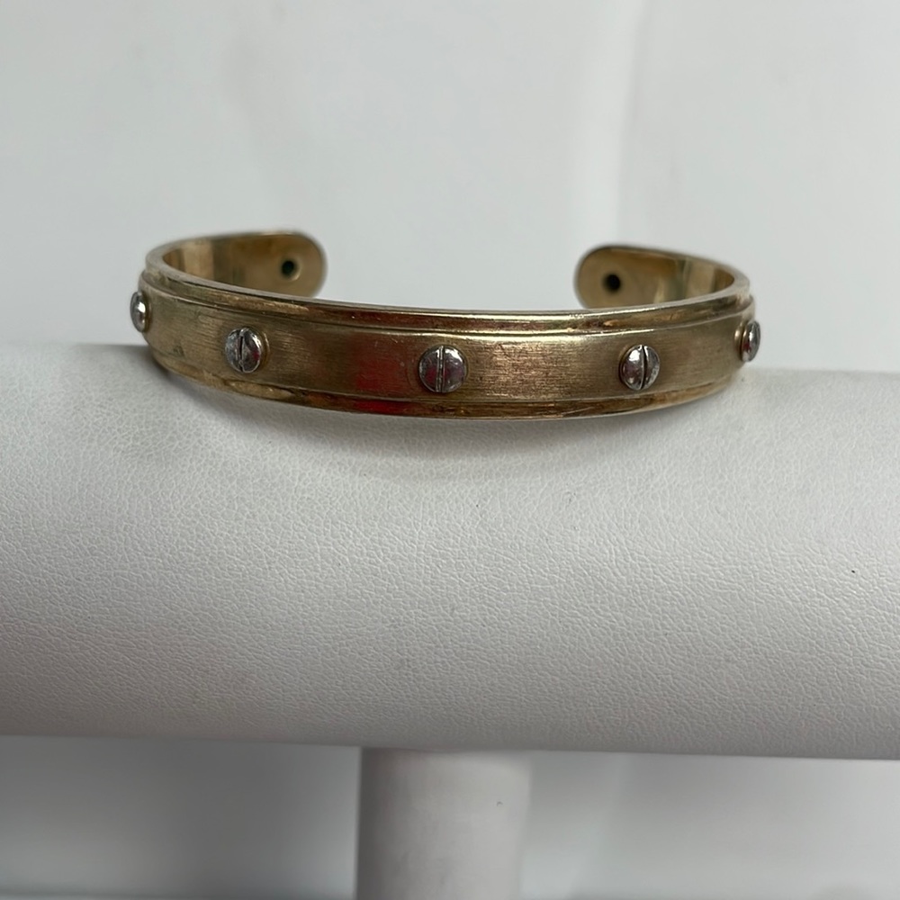 Henri Bendel Brushed Gold and Silver Tone Screw Cuff Bracelet.